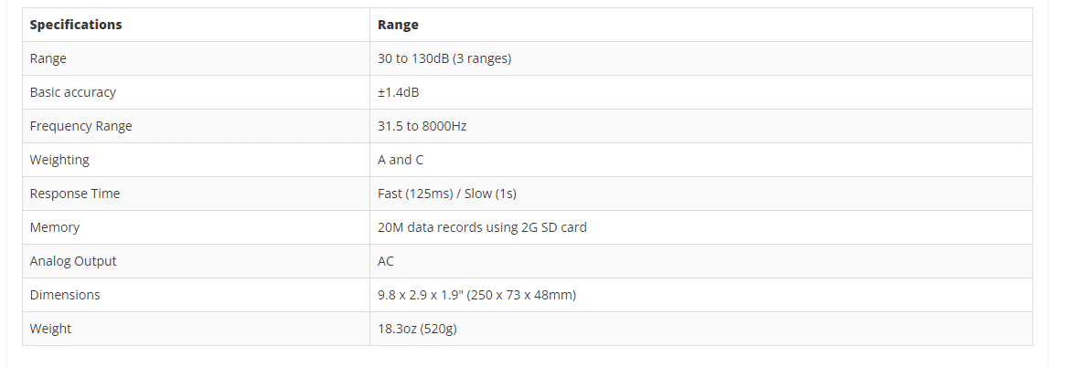 Spec Máy đo độ ồn Extech SDL600