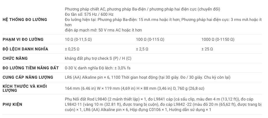 Thông số kỹ thuật Máy Đo Điện Trở Đất Hioki FT3151