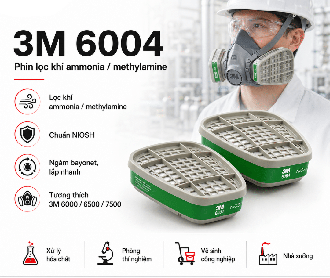 Phin Lọc Amoniac 3M™ 6004 - Khử Hơi NH3 + Methylamin Cho Mặt Nạ 6000/7000