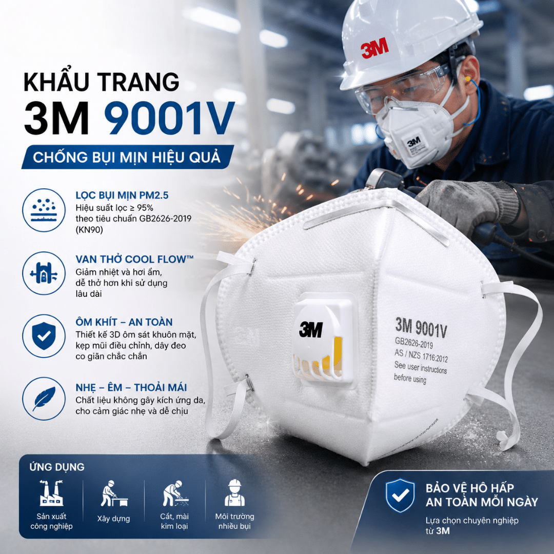 Khẩu trang 3M 9001V KN90 - Chống bụi mịn PM2.5 có van