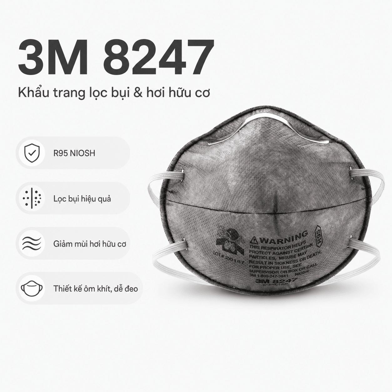 Khẩu trang 3M 8247 – R95 NIOSH + khử hơi hữu cơ nhẹ