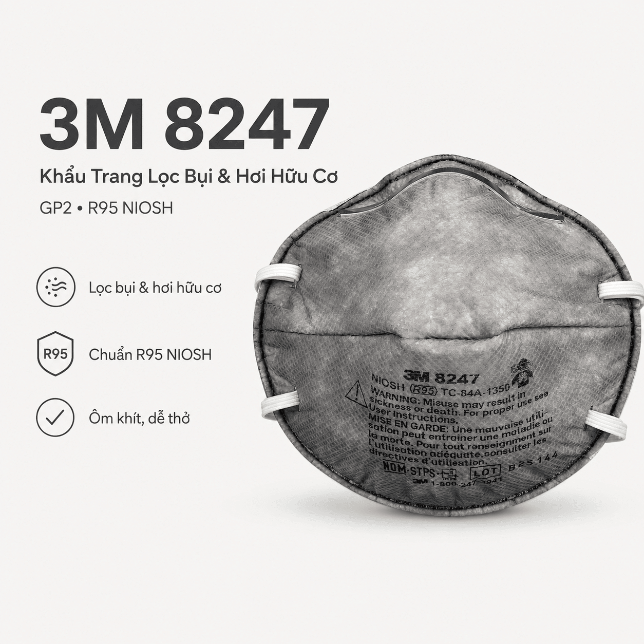 Khẩu Trang 3M 8247 GP2 R95 - Khẩu Trang Dùng Một Lần Lọc Bụi + Khử Hơi Hữu Cơ