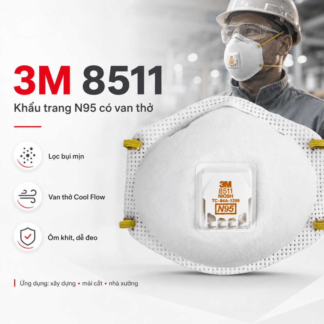 Khẩu Trang 3M 8511 N95 - Cốc Cup Có Van Cool Flow Cho Công Việc Nặng