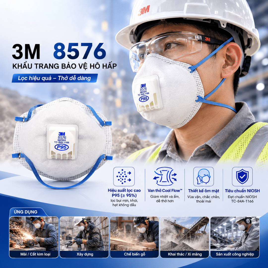 Khẩu Trang 3M 8576 P95 - Khẩu Trang Cốc Cup Lọc Bụi P95 + Khử Hơi Acid