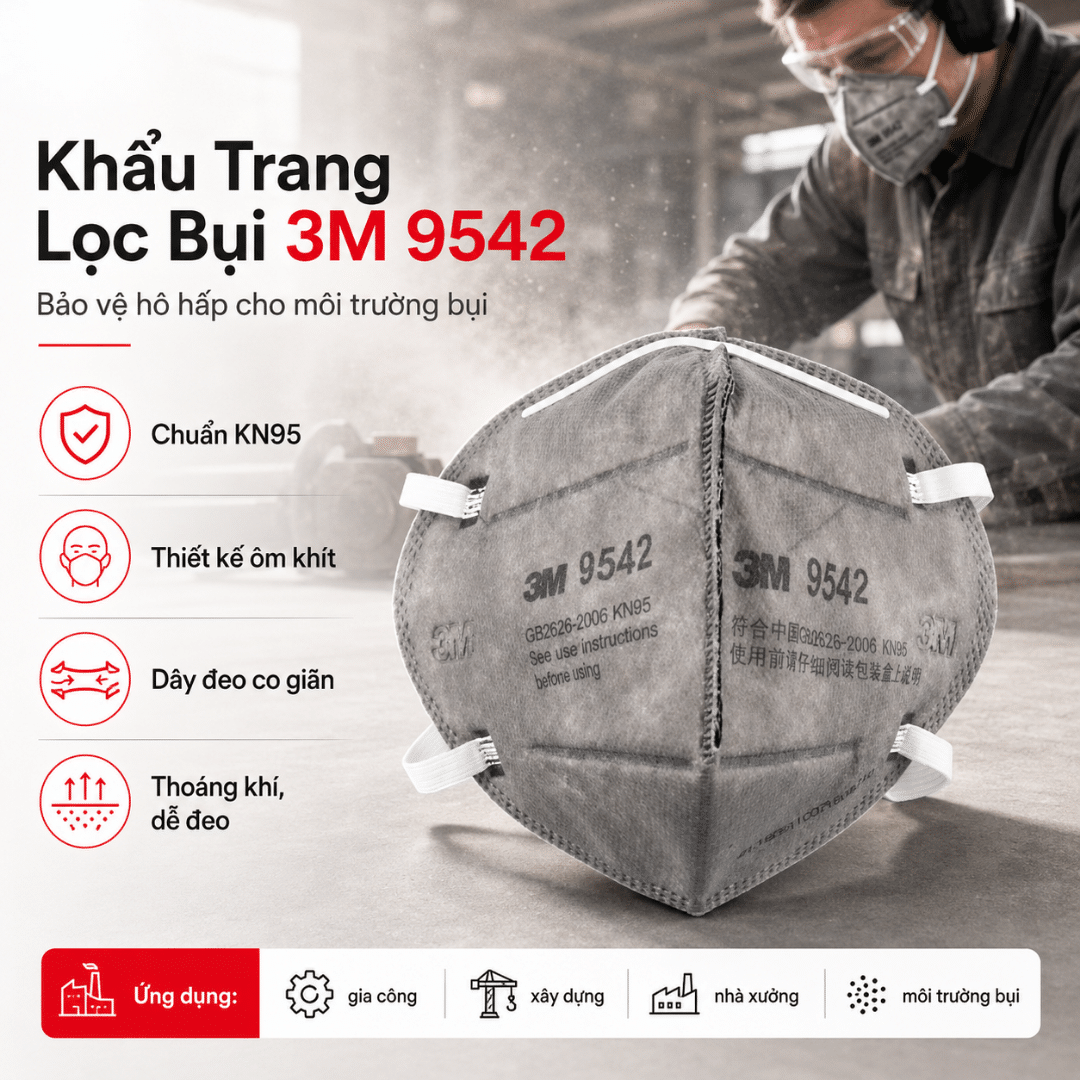 Khẩu Trang 3M 9542 KN95 P2 - Phổ Biến Có Van Cho Công Nhân Đa Ngành