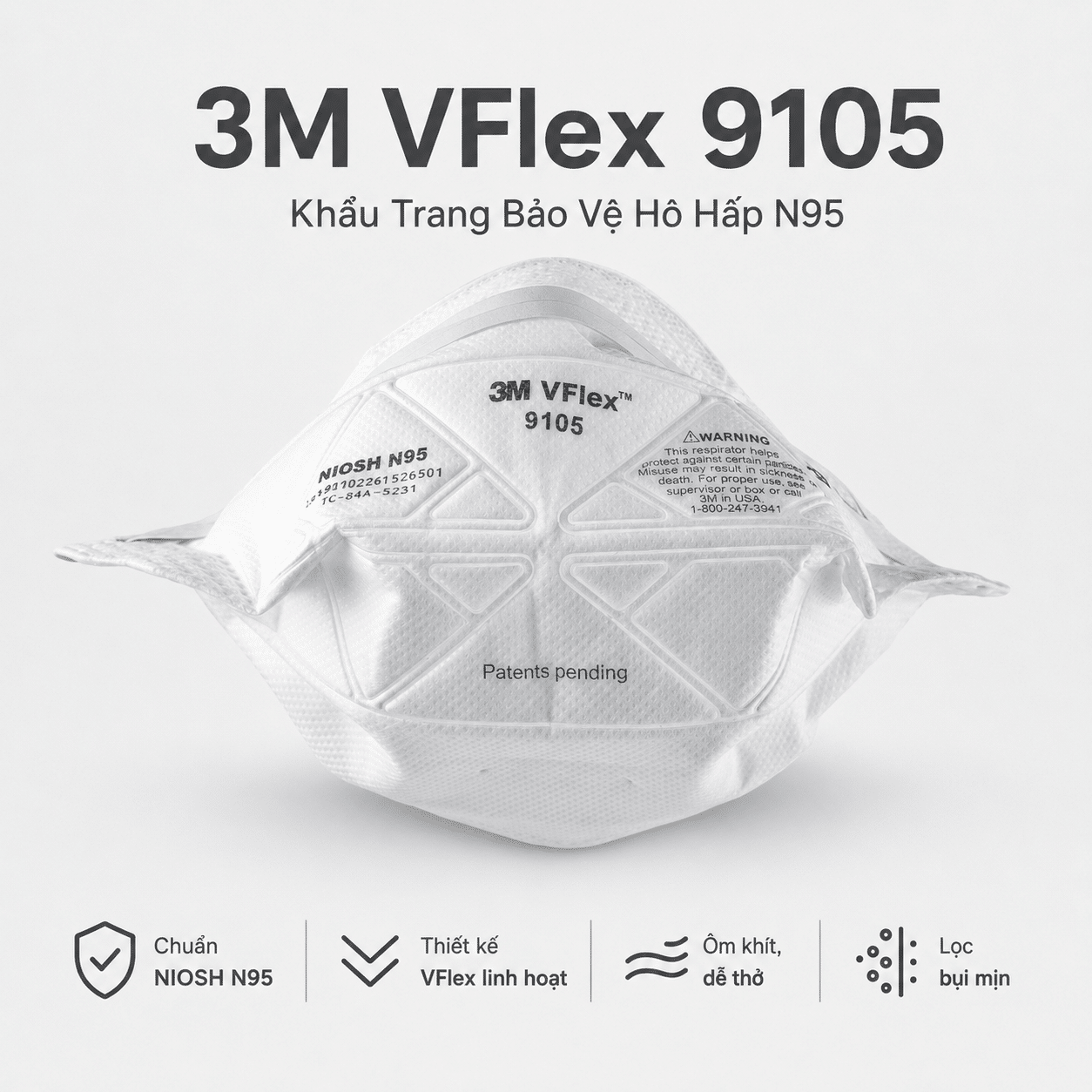 Khẩu Trang 3M VFlex 9105 N95 - Khẩu Trang V-Fold Linh Hoạt Cho Người Mặt Nhỏ