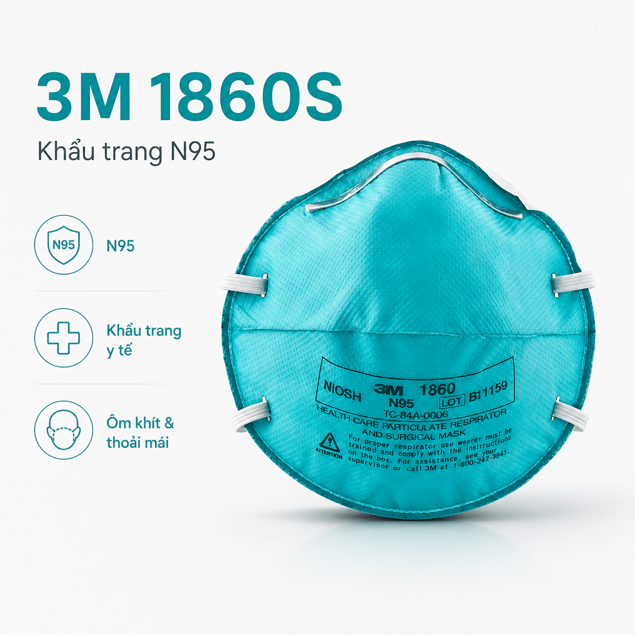 Khẩu Trang 3M 1860S N95 Y Tế Size Small - Khẩu Trang Phẫu Thuật Chống Dịch Cao Cấp