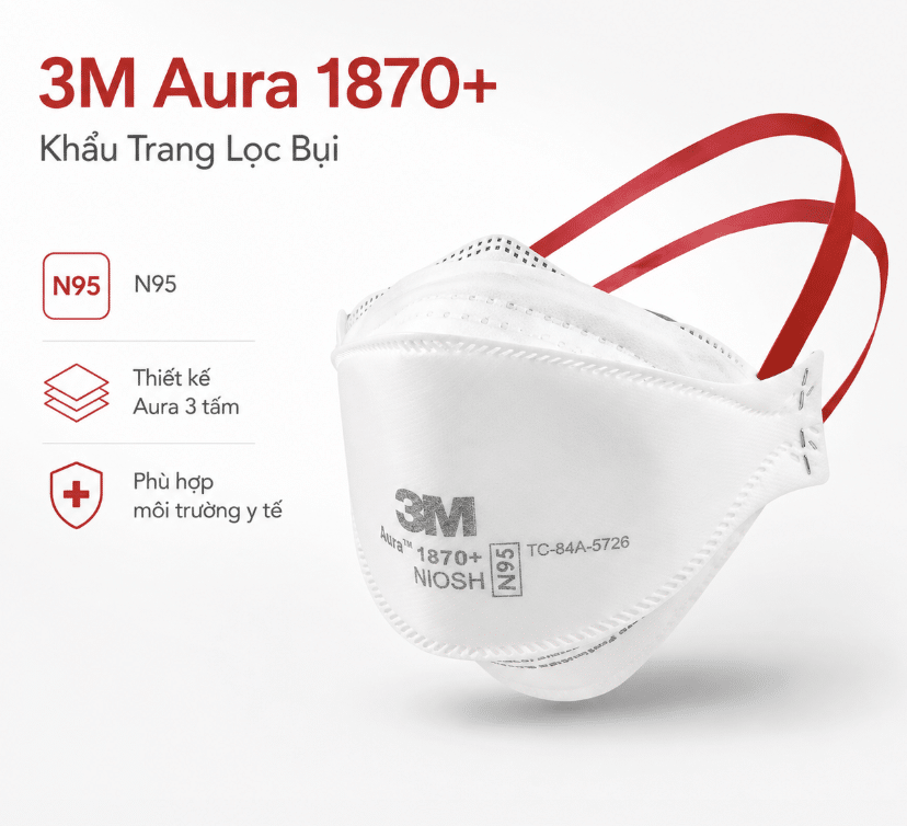 Khẩu Trang 3M Aura 1870+ N95 - Khẩu Trang Y Tế Phẫu Thuật 3 Tấm Gập Cao Cấp