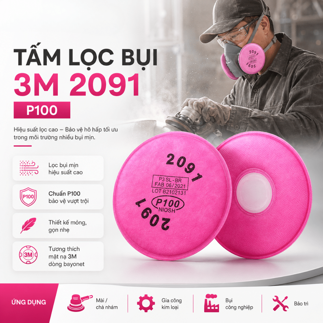 Tấm Lọc Bụi 3M 2091 P100 - Lọc Bụi Hạt Mịn Hiệu Suất 99.97% Cho Mặt Nạ 6000/7000