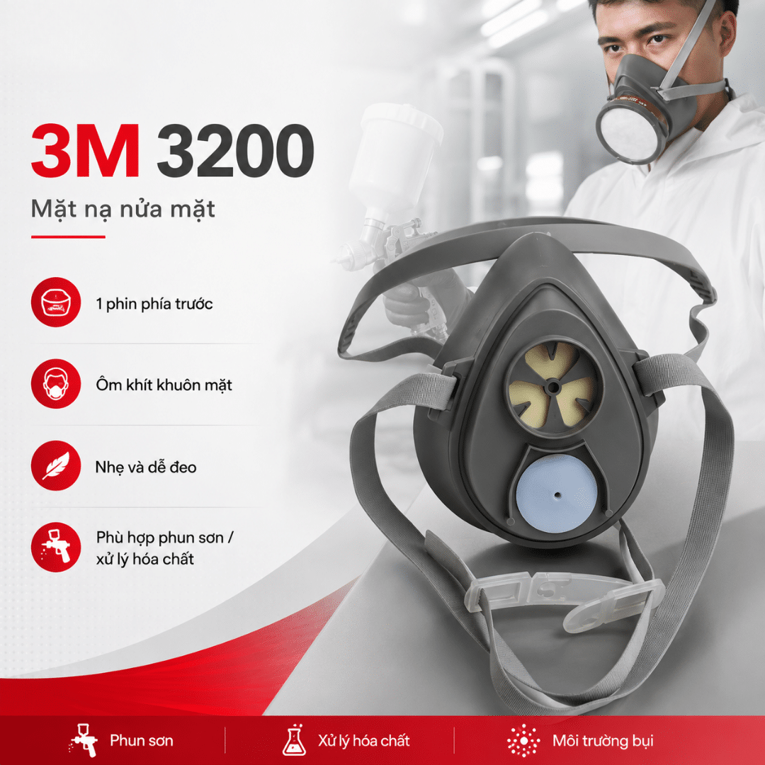 Mặt Nạ 3M 3200 - Mặt Nạ Nửa Mặt Single-Cartridge Phổ Biến Cho Người Dùng Lẻ