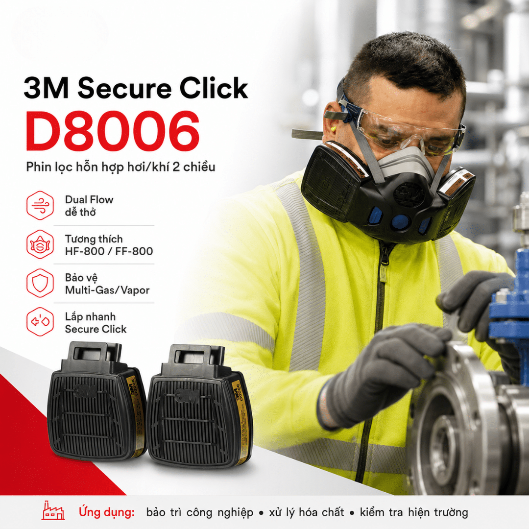 Phin Lọc 3M Secure Click D8006 Multi Gas - Khử Hơi Hữu Cơ/Acid/Ammonia/Formandehit Cho HF-800