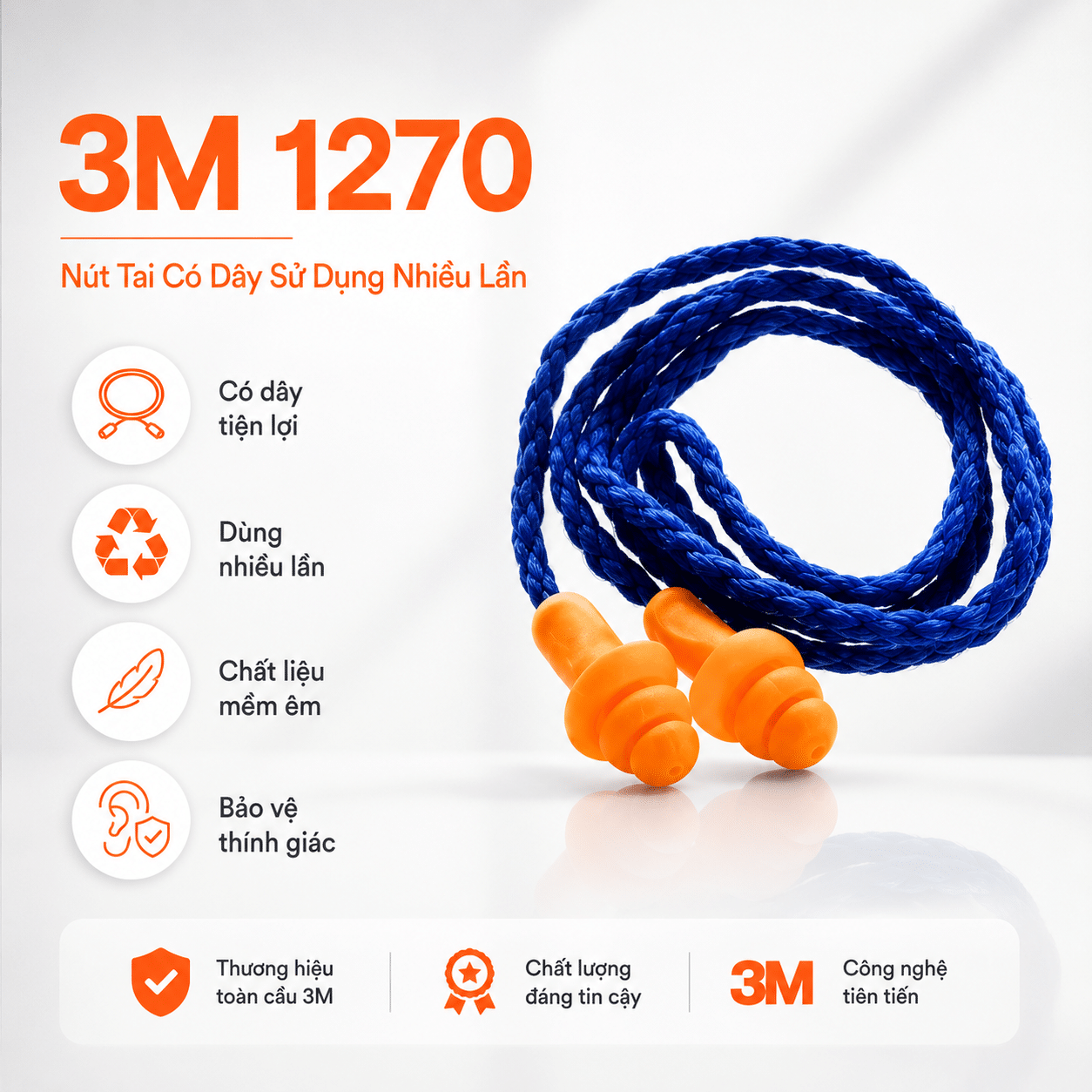 Nút Tai Tái Sử Dụng Có Dây 3M 1270 (Thùng 500 Cặp): SNR 25dB - Giải Pháp PPE Tiết Kiệm Cho Doanh Nghiệp