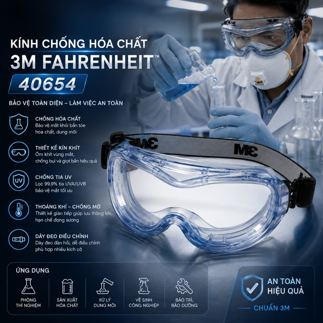 Kính Bảo Hộ Chống Hóa Chất 3M Fahrenheit 40654: Goggle Kín Bảo Vệ Mắt Toàn Diện - EN 166