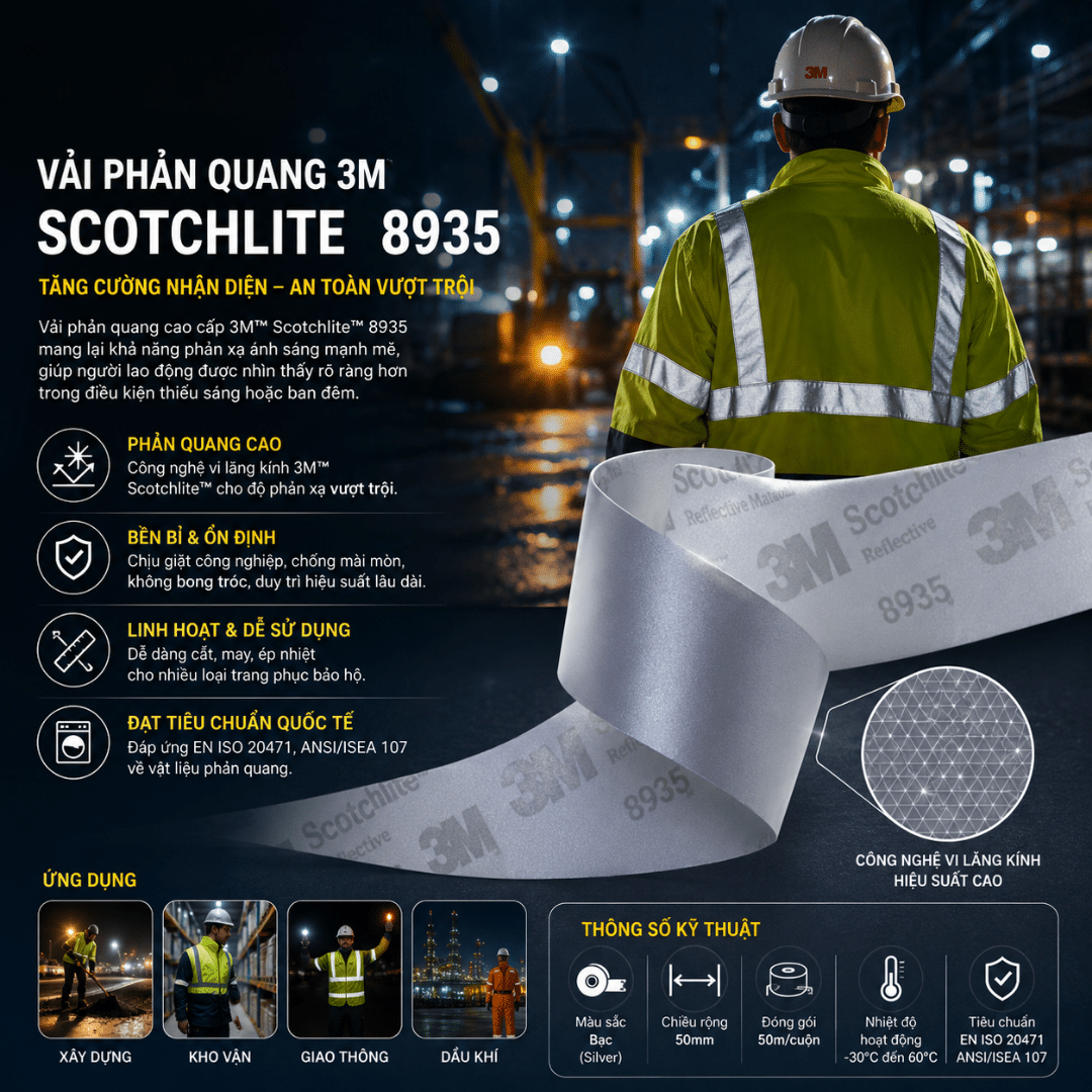 Vải phản quang 3M Scotchlite 8935 – infographic tính năng và thông số kỹ thuật