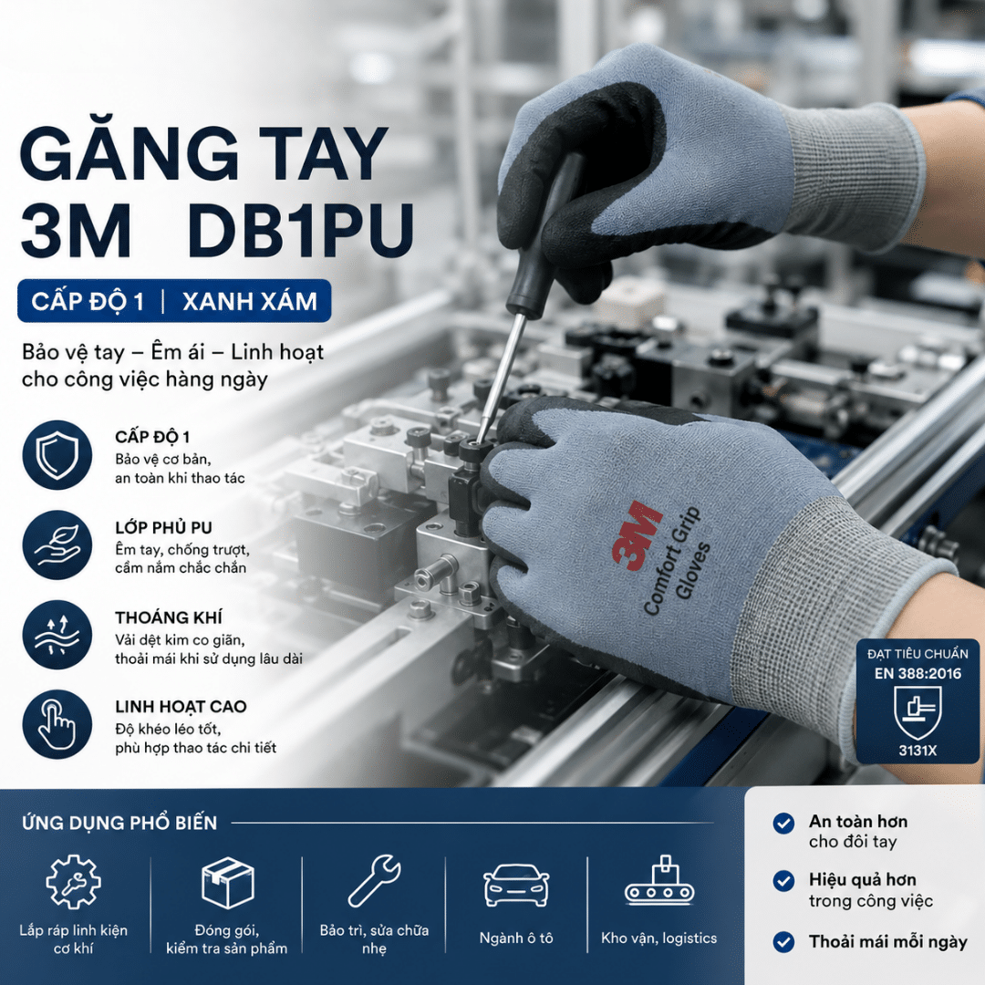 Găng tay 3M DB1PU cấp độ 1 xanh xám – infographic tính năng và ứng dụng