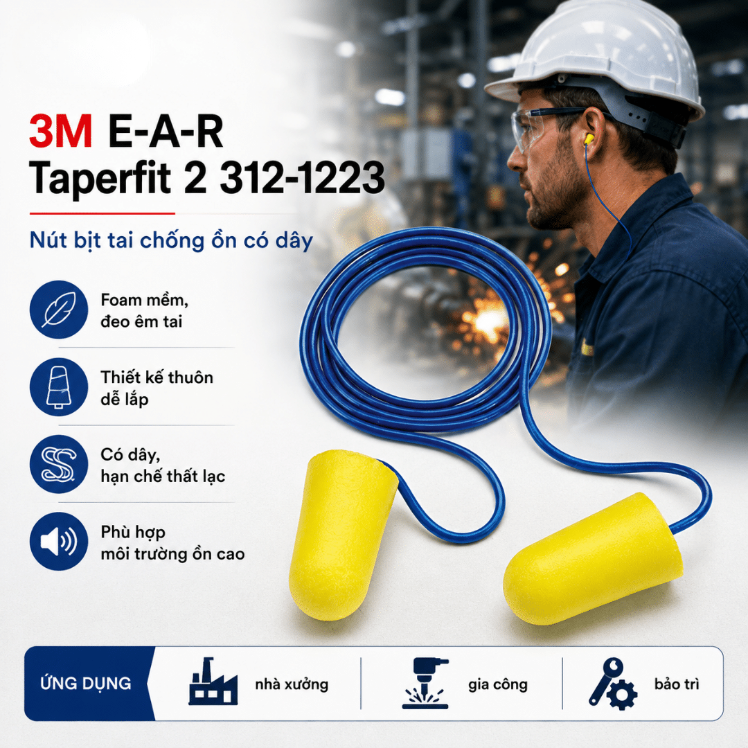 Nút Tai 3M E-A-R TaperFit 2 312-1223 Có Dây: SNR 32dB - Foam Taper Êm Cho Công Nhân Ra Vào Khu Vực Ồn