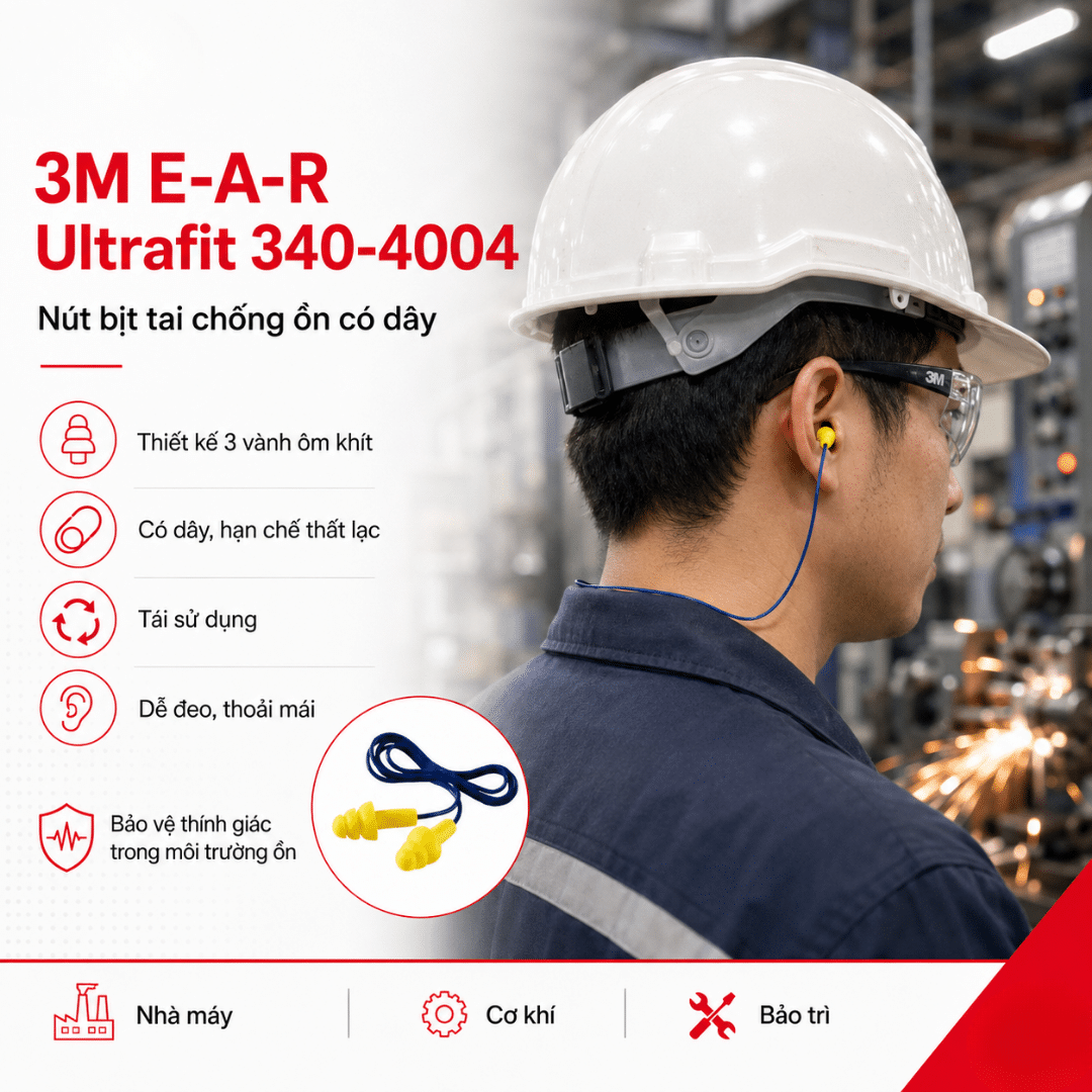 Nút Tai Chống Ồn 3M E-A-R UltraFit 340-4004 Có Dây: SNR 32dB Tái Sử Dụng Cho Ngành Sản Xuất, Xây Dựng