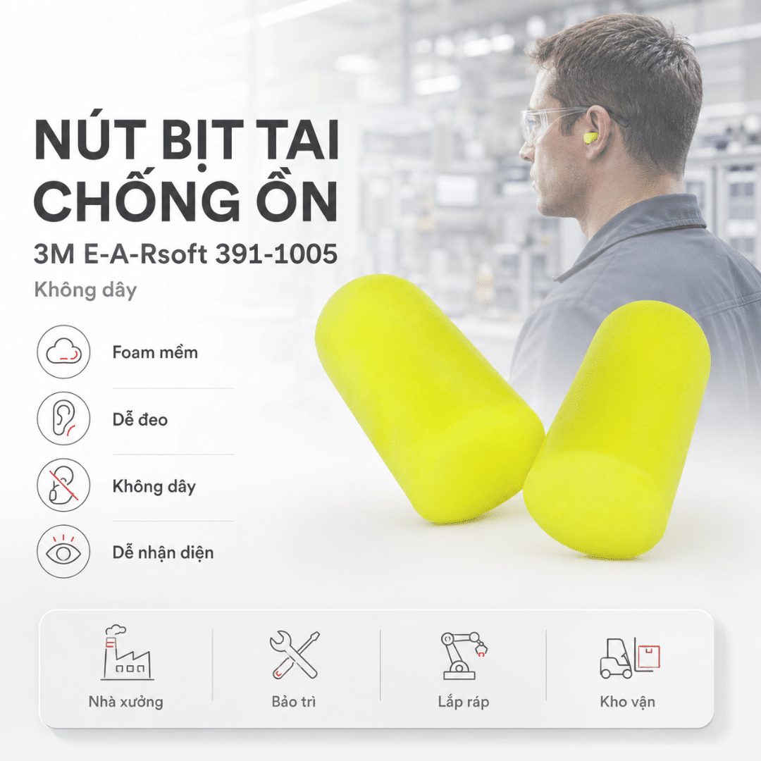 Nút Tai Foam 3M E-A-Rsoft Yellow Neons 391-1005 Không Dây: SNR 36dB - Bảo Vệ Tối Đa Cho Môi Trường Cực Ồn