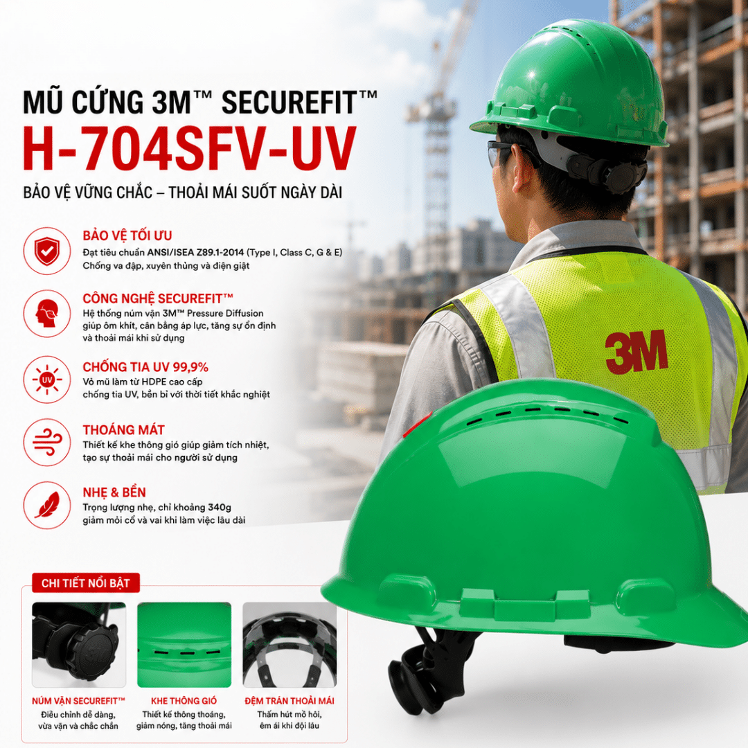 Mũ Cứng 3M SecureFit H-704SFV-UV: Vented + UV Indicator Cho Ngoài Trời Nóng