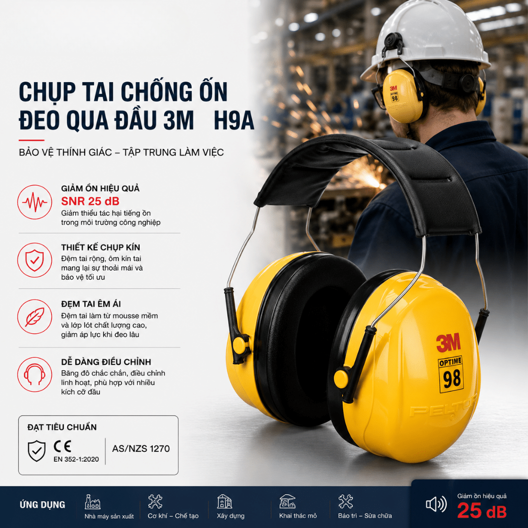 Chụp Tai Chống Ồn Băng Đô Đầu 3M Peltor Optime 98 H9A: SNR 27dB - Giải Pháp Phổ Thông Cho Nhà Máy