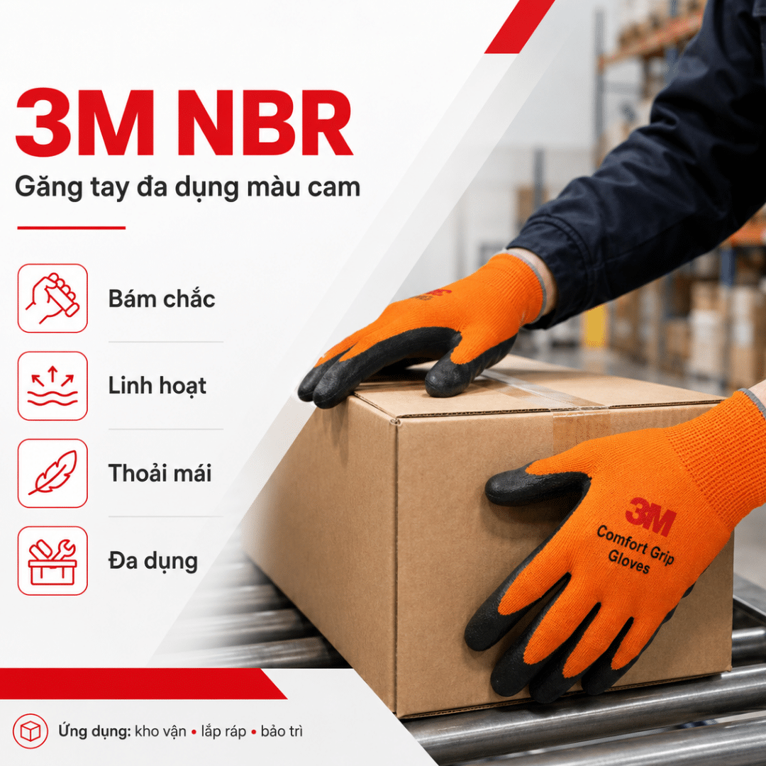 Găng tay đa dụng 3M NBR màu cam – infographic tính năng và ứng dụng