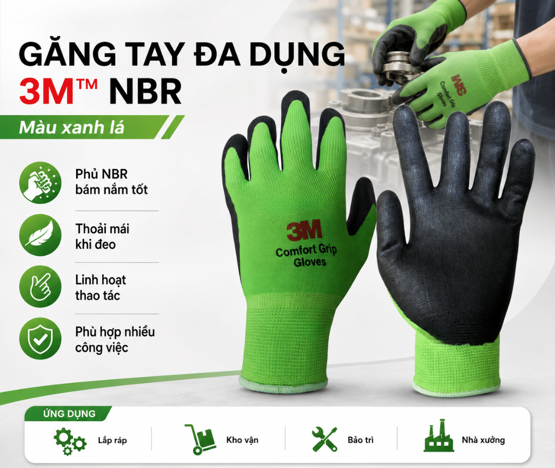 Găng tay đa dụng 3M NBR màu xanh lá – infographic tính năng và ứng dụng