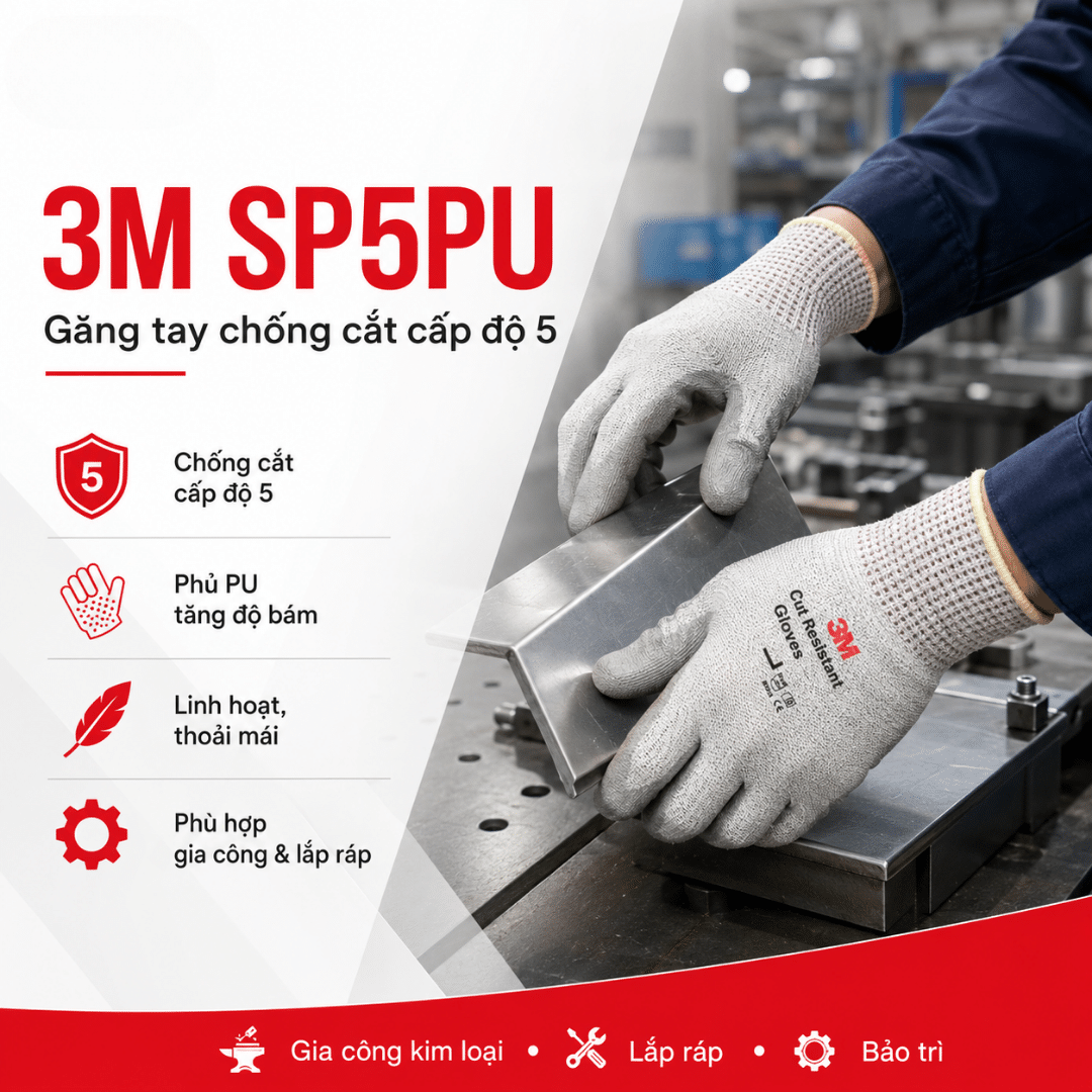 Găng tay 3M SP5PU chống cắt cấp độ 5 – infographic tính năng và ứng dụng