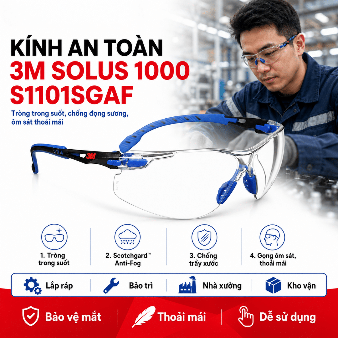 Kính An Toàn 3M Solus 1000 S1101SGAF: Premium Scotchgard Anti-Fog Cho Y Tế Và Lab Cao Cấp