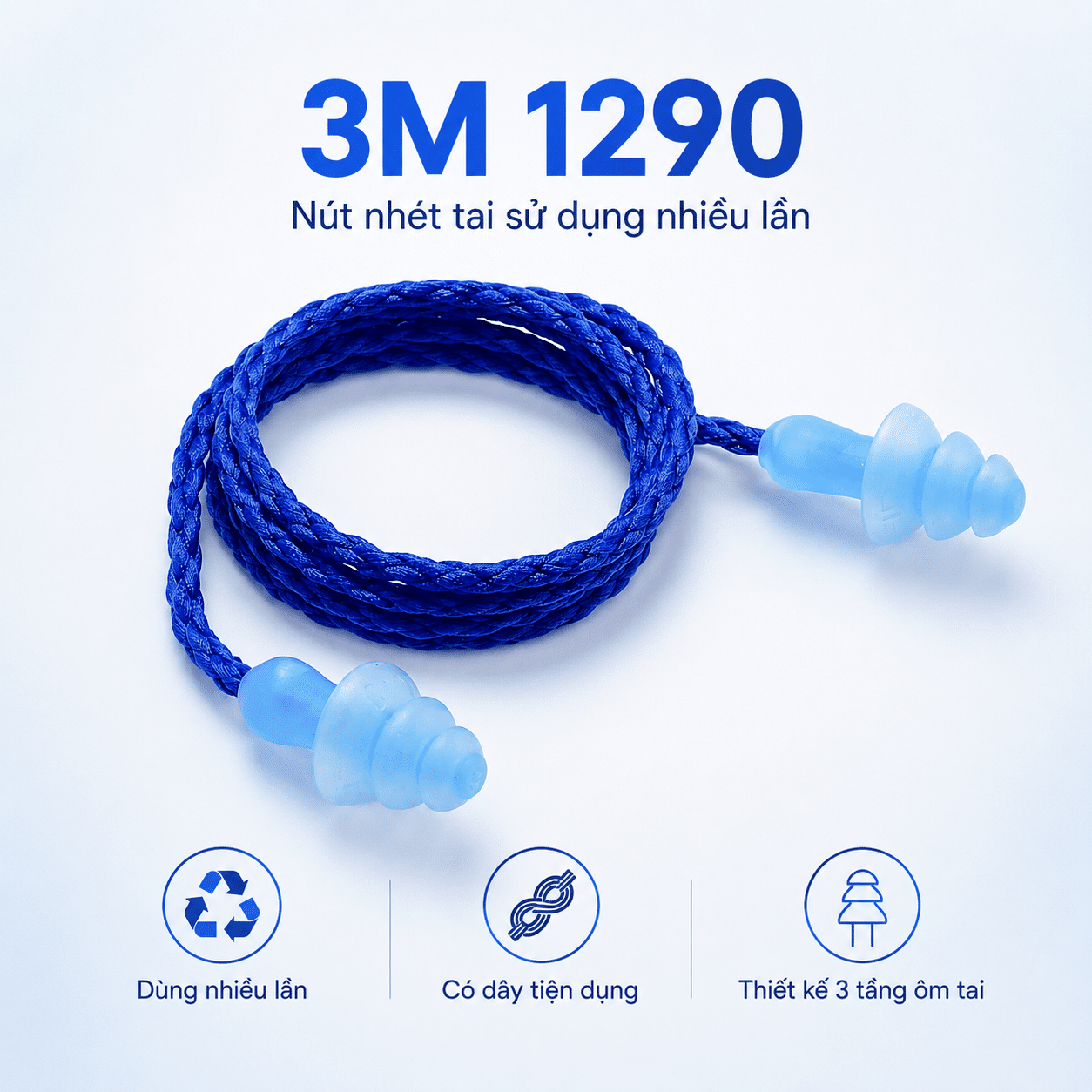 Nút Nhét Tai Tái Sử Dụng 3M 1290: SNR 25dB - Silicone Mềm, Có Dây Nối, Kèm Hộp Bảo Quản