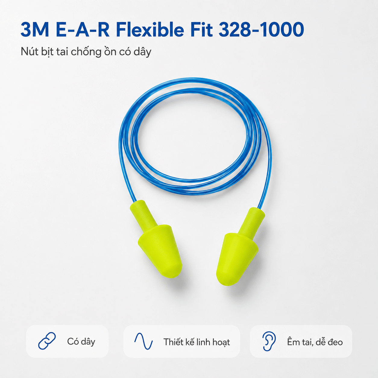 Nút Tai 3M E-A-R Flexible Fit 328-1000 Có Dây: Push-To-Fit Tiện Lợi - Không Cần Lăn Foam
