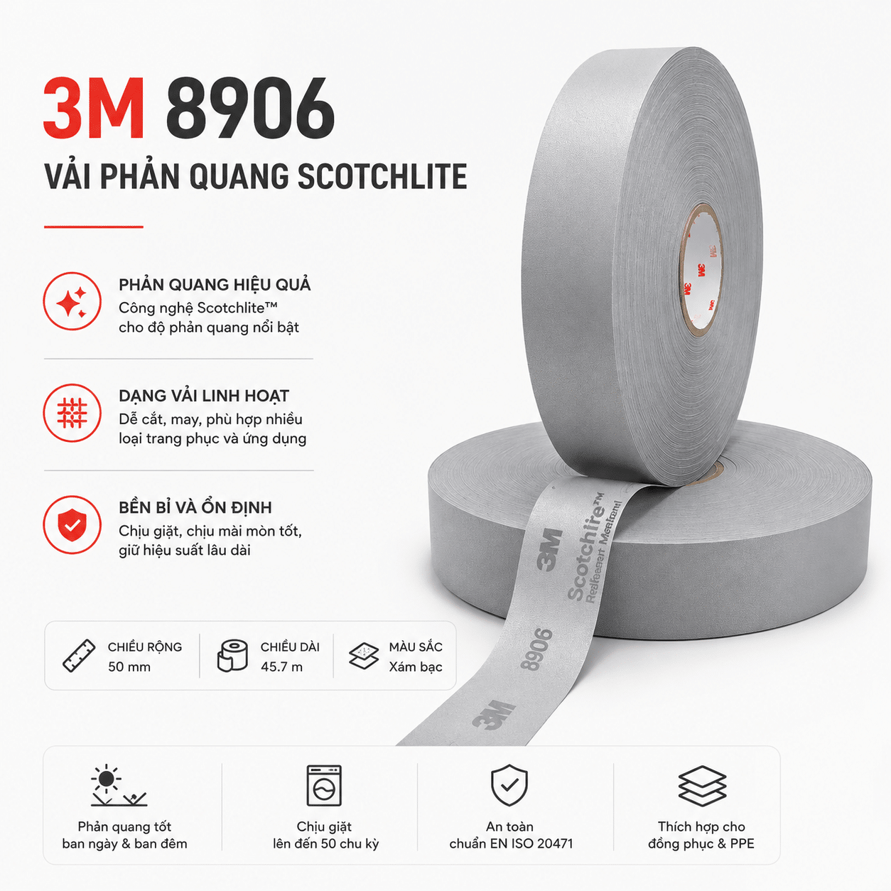 Vải Phản Quang 3M Scotchlite 8906 — Sewn-On Reflective Trim 500 cd