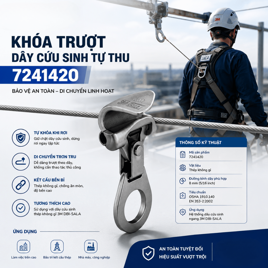 Khoá Trượt Dây Cáp 3M DBI-SALA 7241420 — Removable Cable Trolley Cho HLL