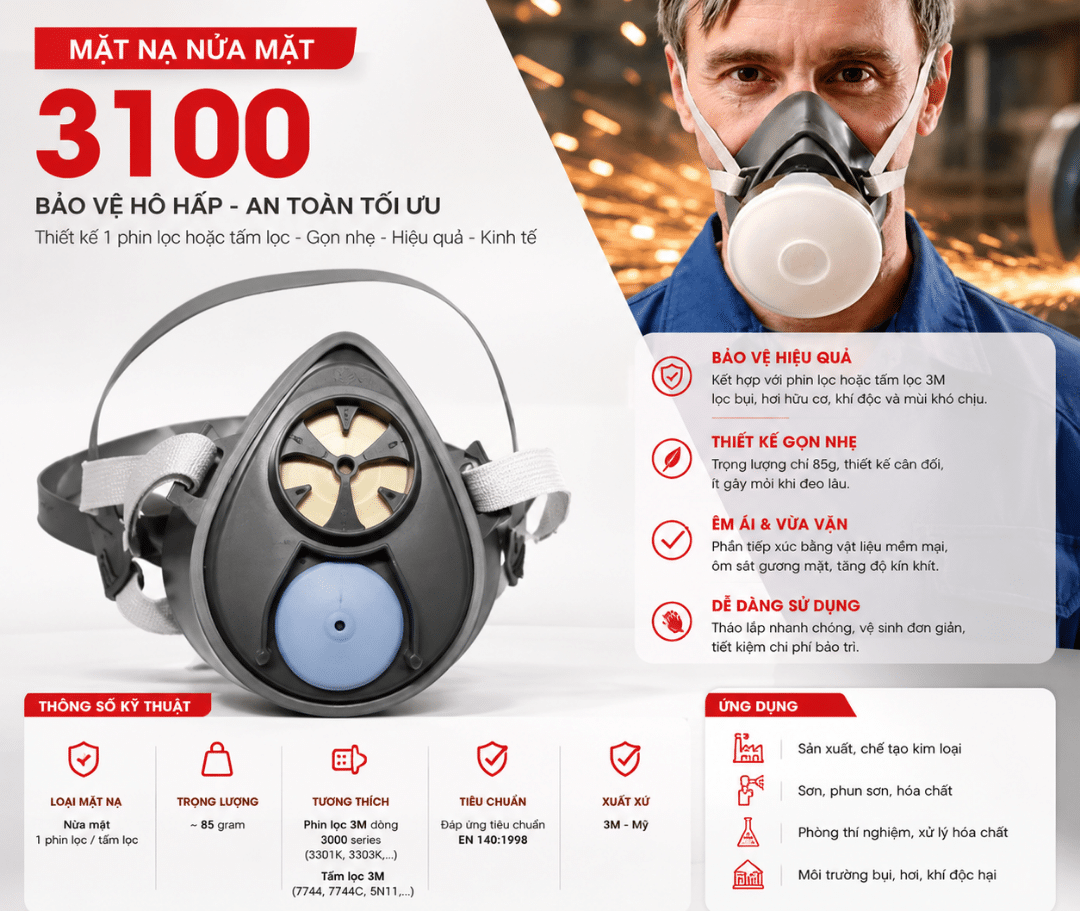 Mặt Nạ Nửa Mặt 3M 3100 1 Phin Lọc, Cỡ Nhỏ