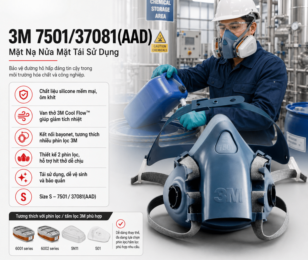 Mặt Nạ Nửa Mặt 3M 7501/37081(AAD), 7500 Series, Cỡ Nhỏ