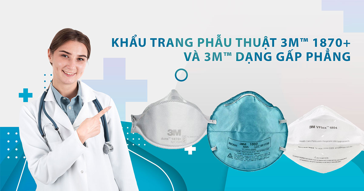 Khẩu trang phẫu thuật 3M™ 1870+ và 3M™ dạng gấp phẳng