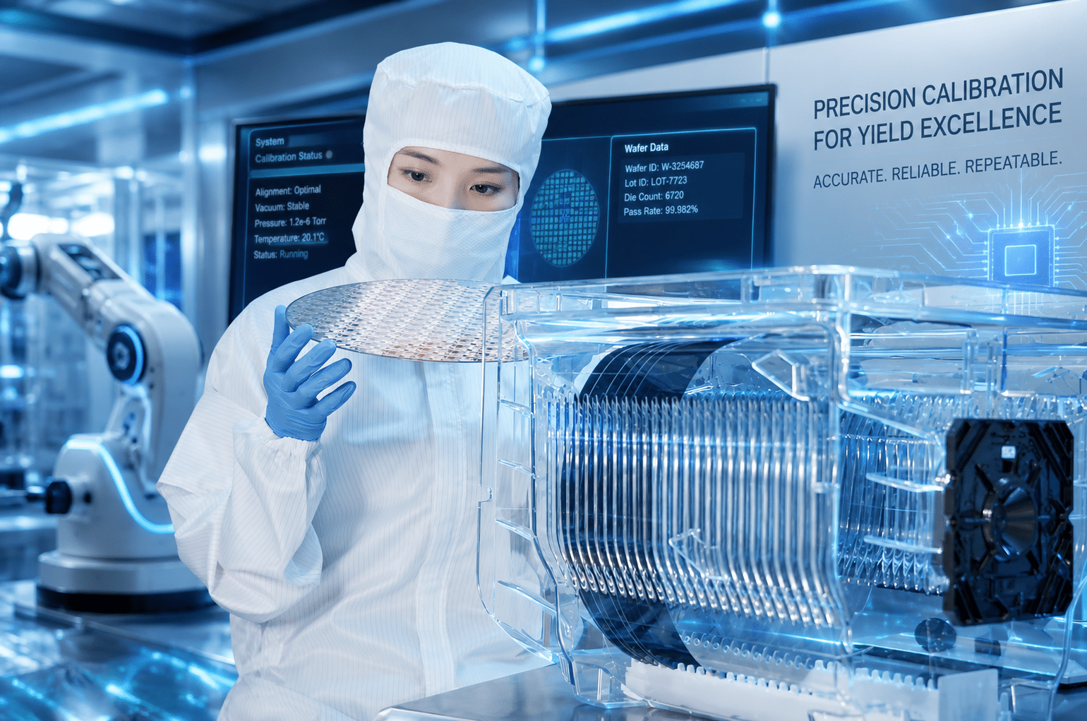 Semiconductor fab cleanroom technician holding a wafer