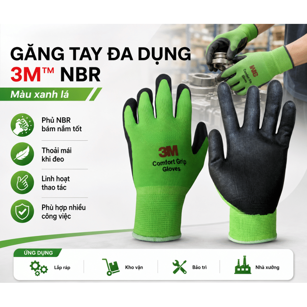 Găng tay đa dụng 3M NBR màu xanh lá – infographic tính năng và ứng dụng