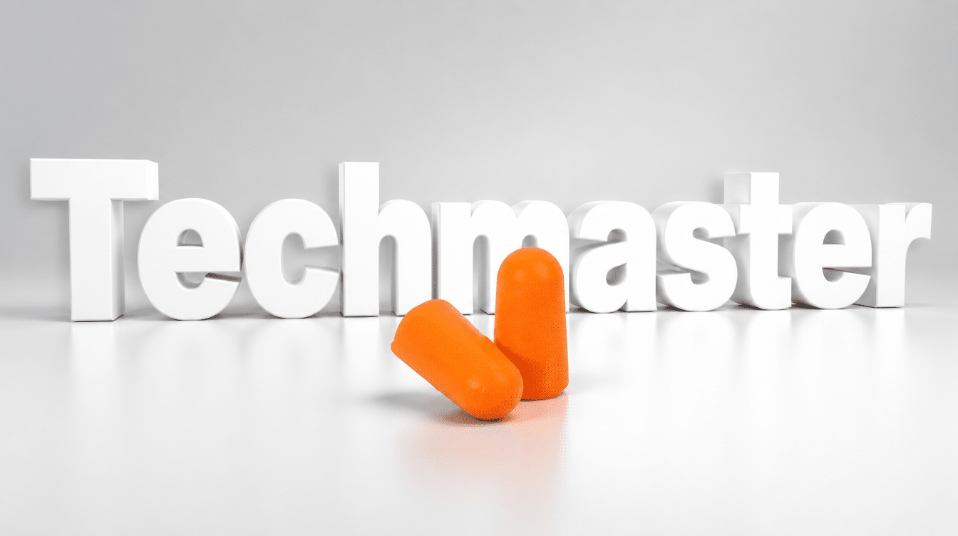 Nút tai chống ồn 3M 1100 phối cảnh studio cùng chữ 3D Techmaster