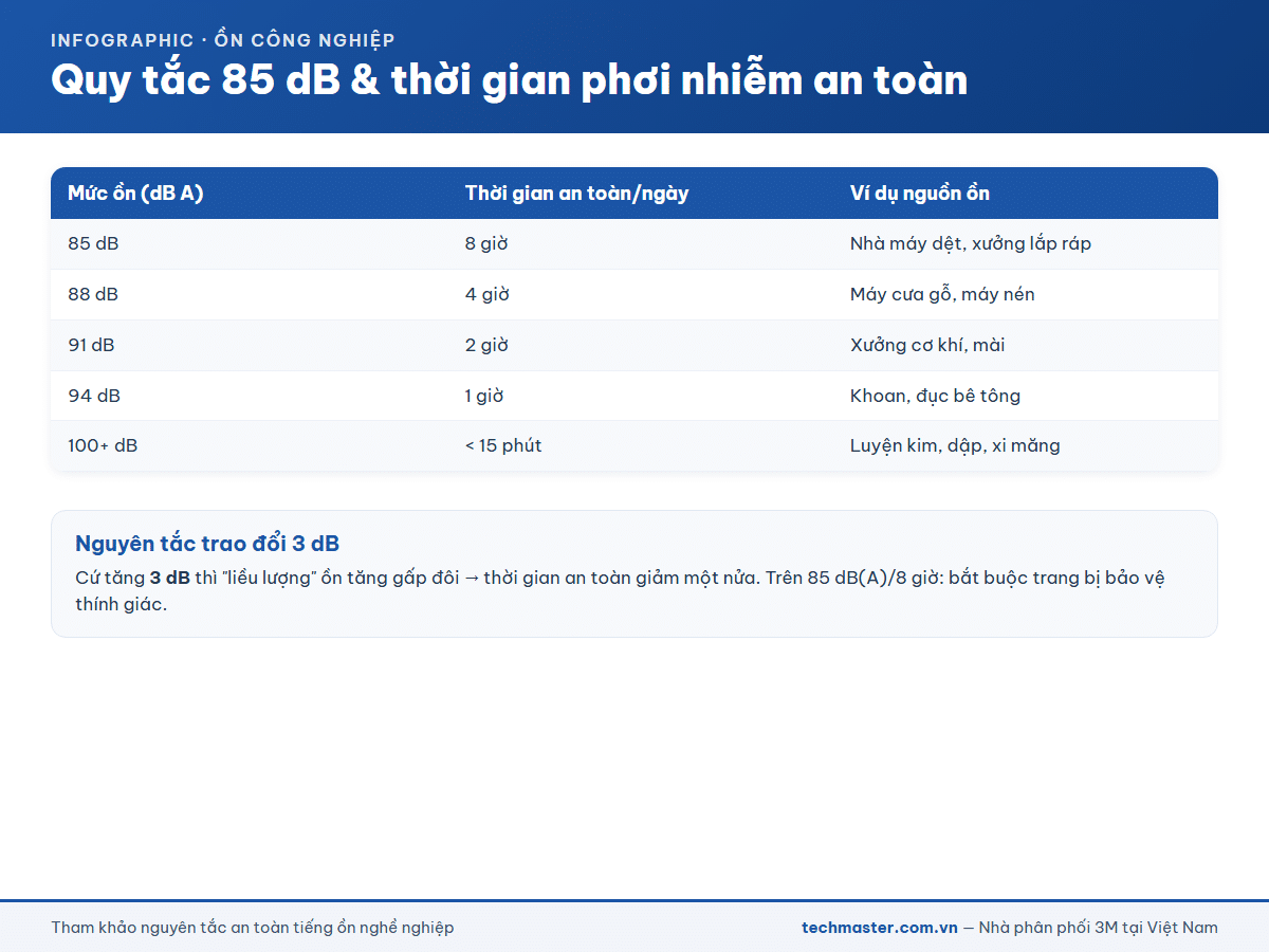 Quy tắc 85 dB và thời gian phơi nhiễm tiếng ồn an toàn theo mức dB