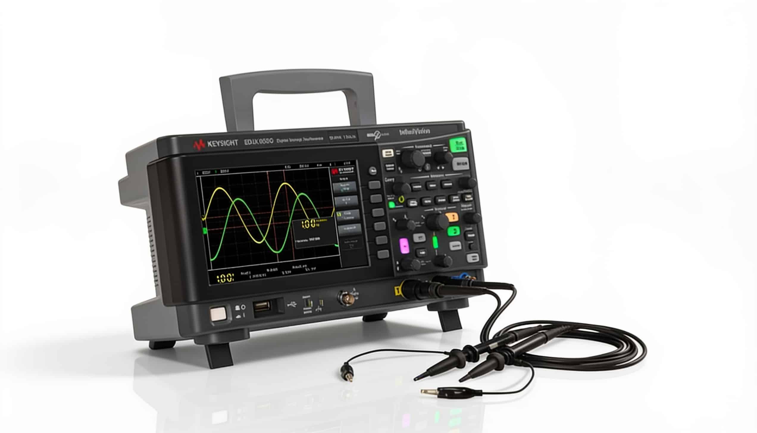 Máy hiện sóng Keysight EDUX1052G kèm que đo trên nền trắng studio