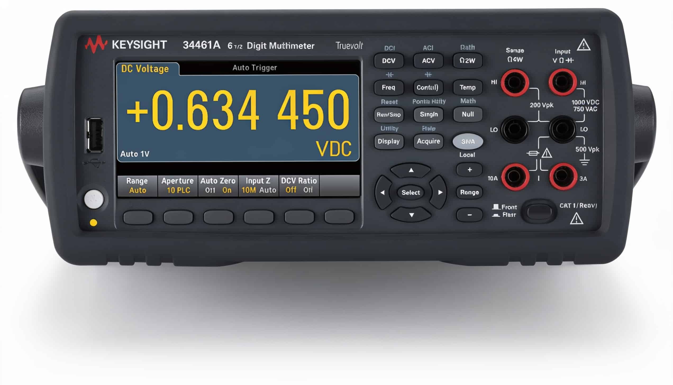 Mặt trước đồng hồ vạn năng Keysight 34461A với các phím chức năng DCV ACV và jack đo