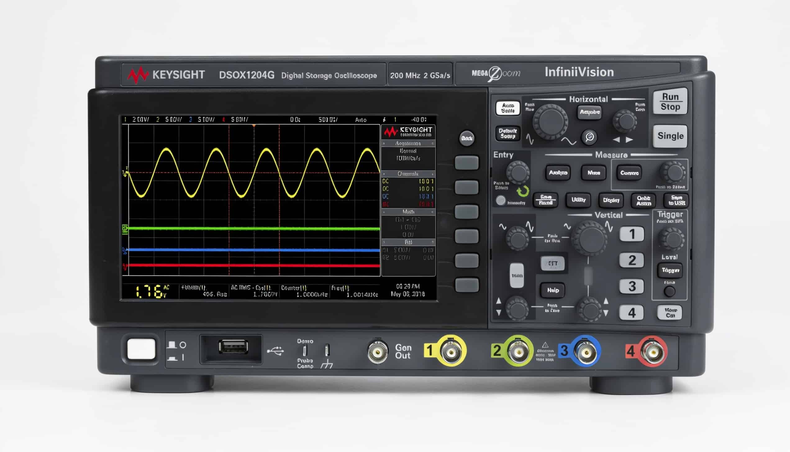 Mặt trước máy hiện sóng Keysight DSOX1204G với 4 đầu vào BNC và cổng Gen Out
