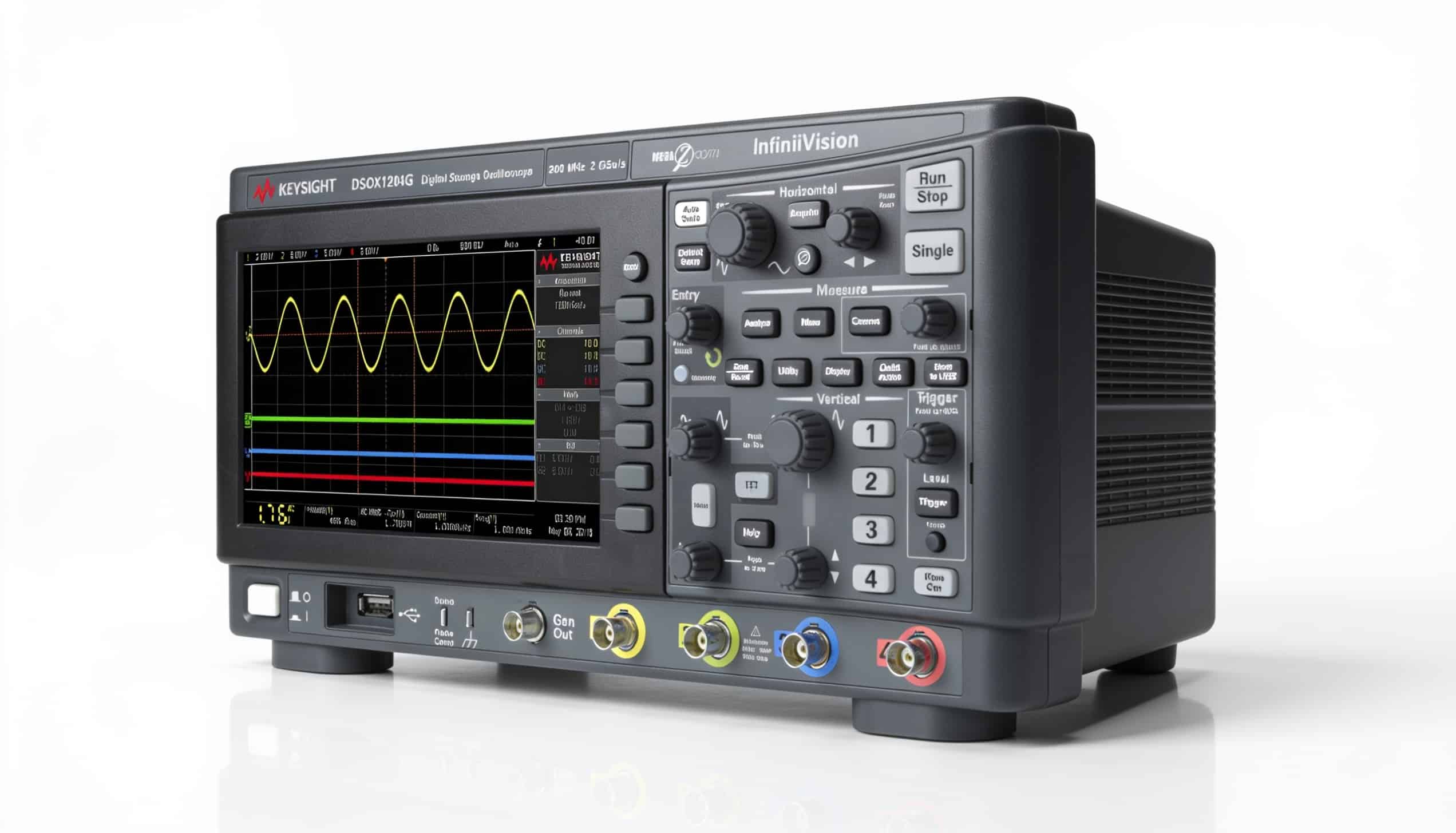 Máy hiện sóng Keysight DSOX1204G góc nghiêng trái hiển thị dạng sóng 4 kênh