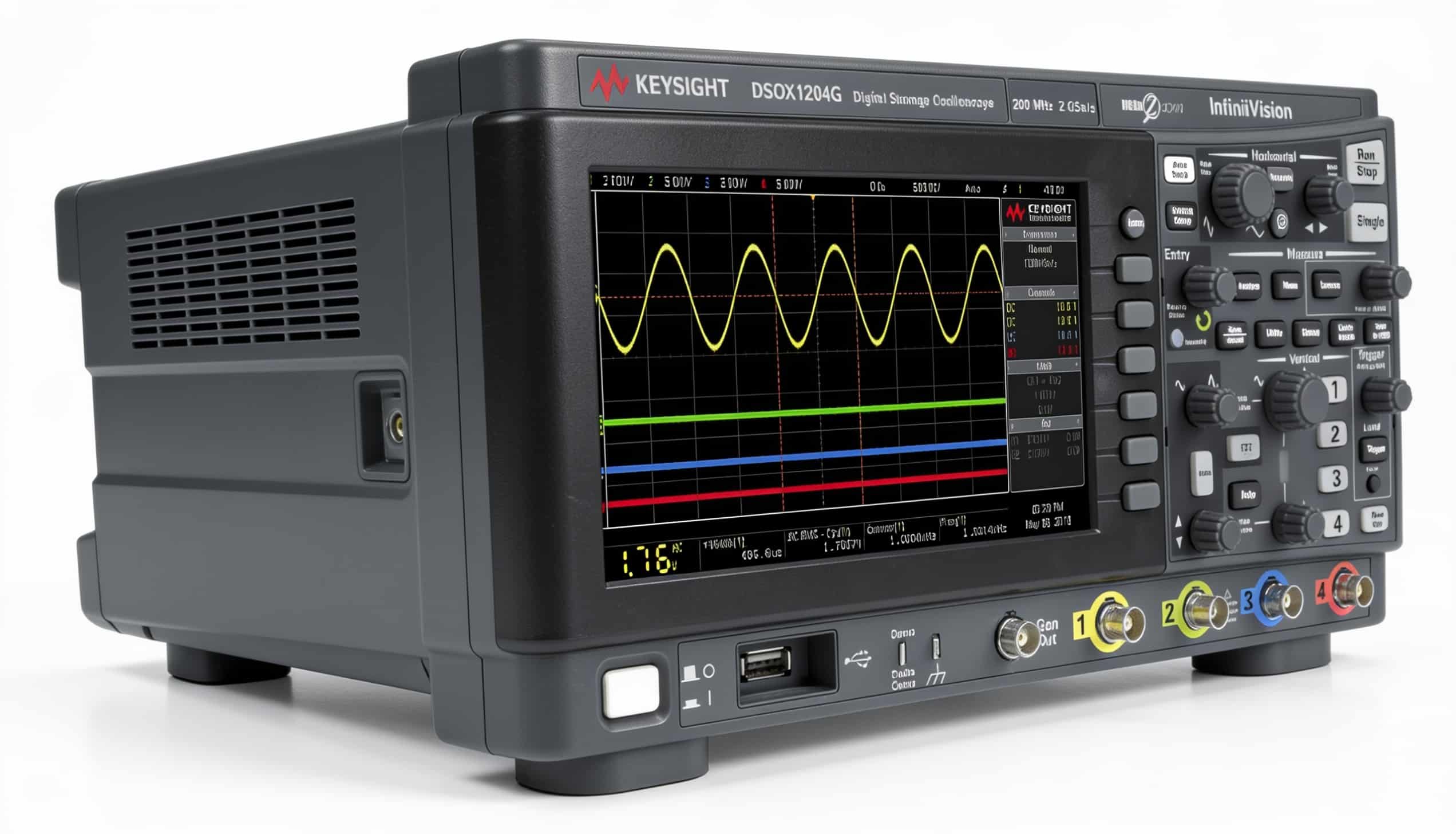 Máy hiện sóng Keysight DSOX1204G nhìn nghiêng thân máy và khe tản nhiệt