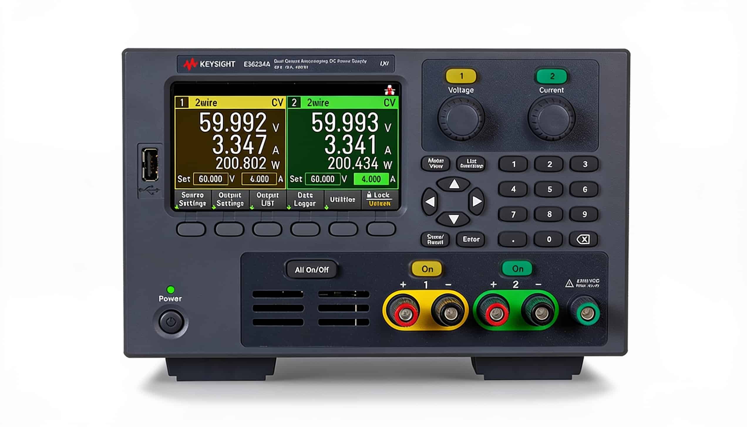 Mặt trước bộ nguồn DC Keysight E36234A với hai màn hình và các cọc đầu ra
