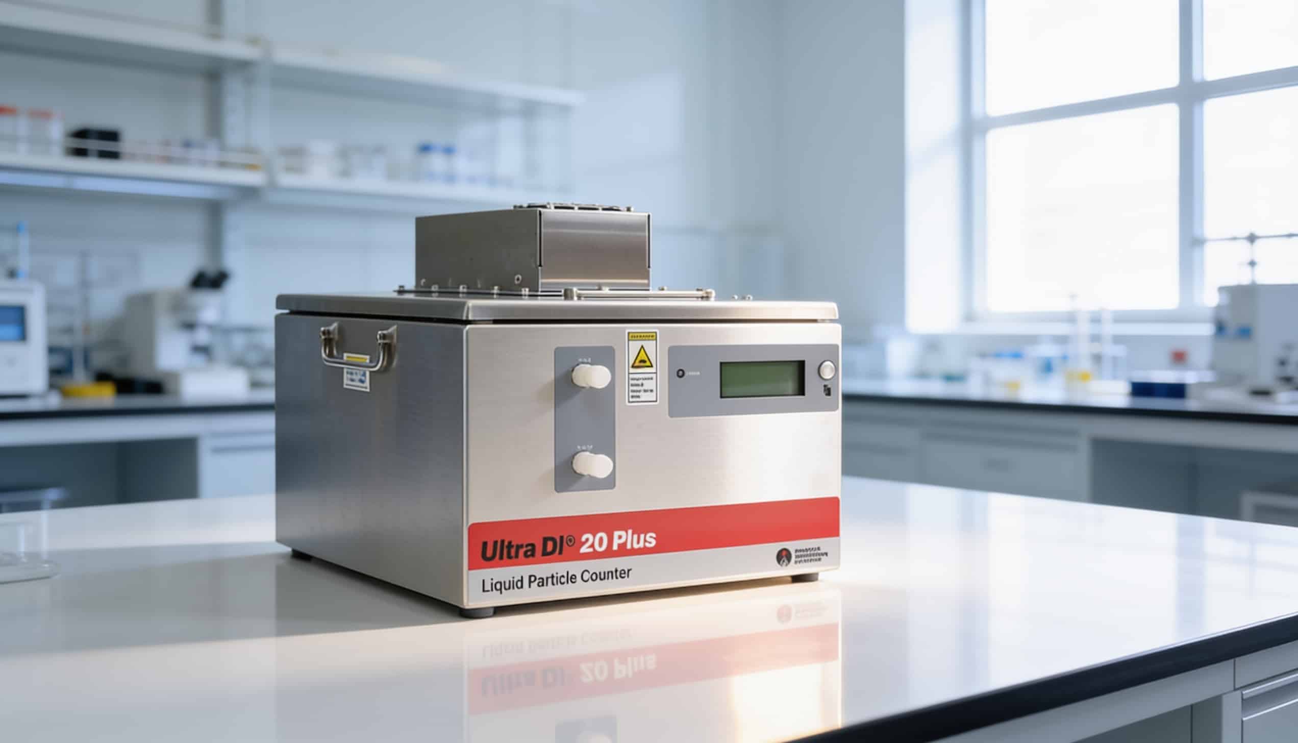 Máy đếm hạt lỏng PMS Ultra DI 20 Plus đặt trên bàn phòng lab bán dẫn sáng, dùng giám sát hạt trong nước siêu tinh khiết UPW
