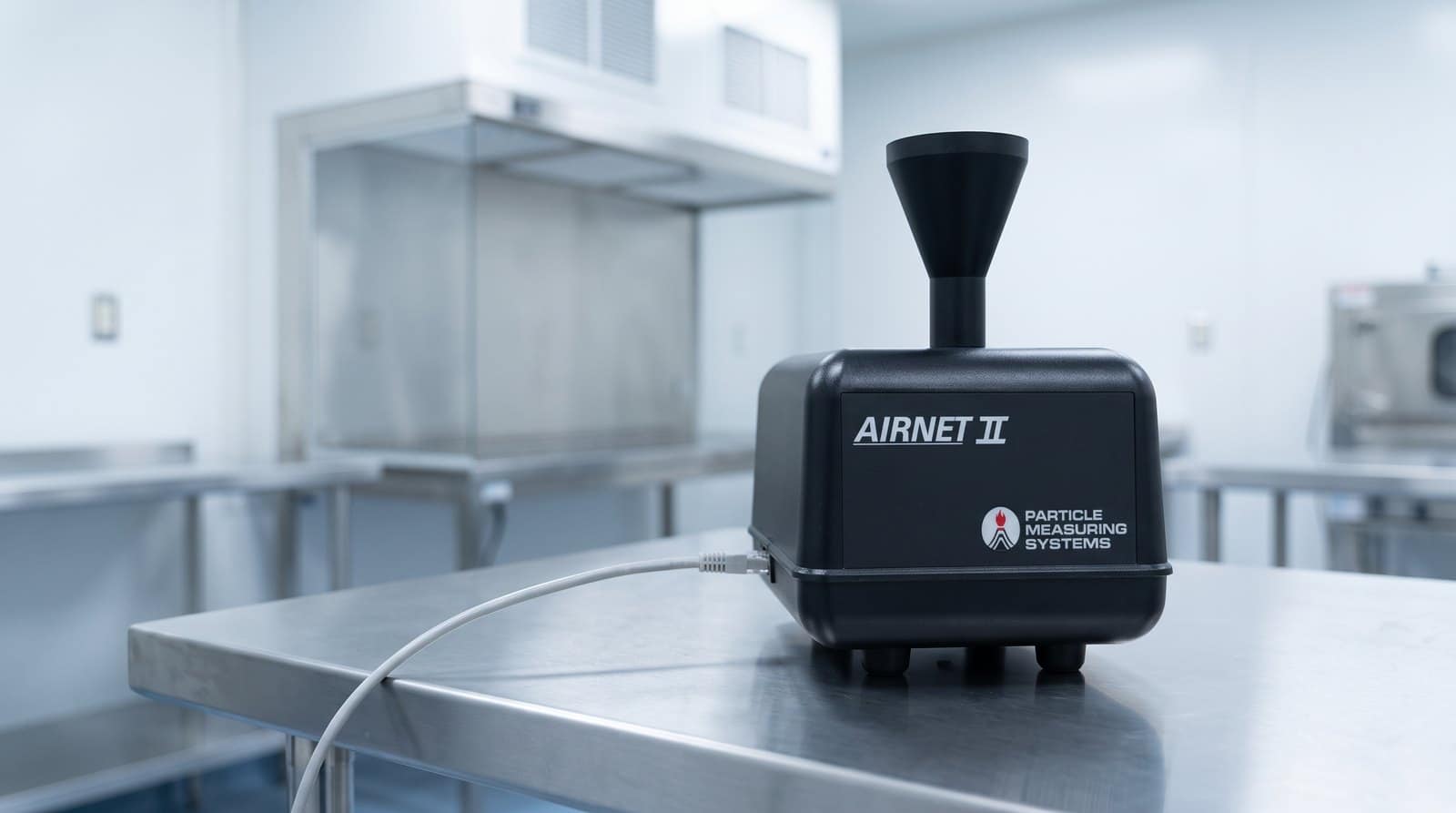 Cảm biến PMS Airnet II đặt trên mặt bàn thép không gỉ trong khu chiết rót dược phẩm GMP, dây mạng nối ở mặt sau