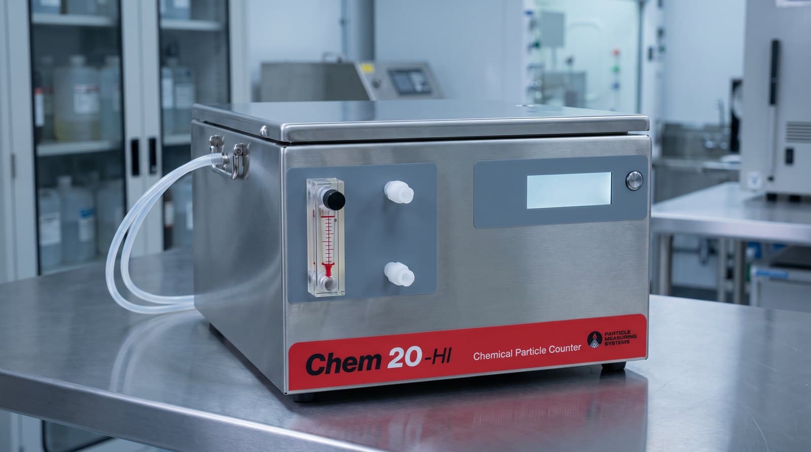 Máy đếm hạt tiểu phân hoá chất PMS Chem 20-HI đặt trên bàn thép không gỉ trong khu hoá chất quy trình ướt nhà máy bán dẫn