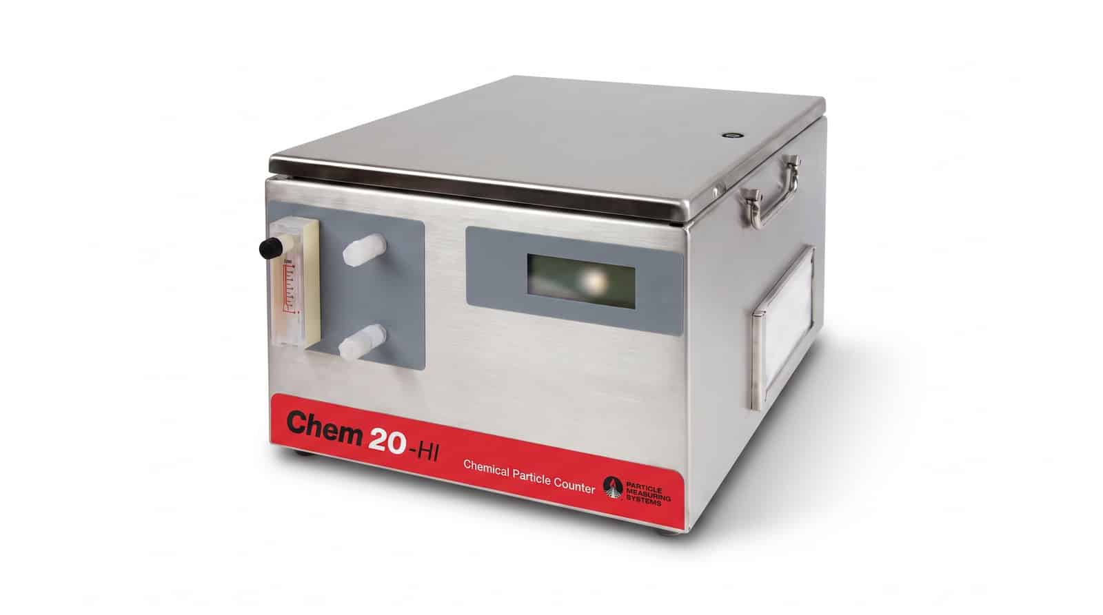 Máy đếm hạt hoá chất PMS Chem 20-HI nhìn ba phần tư trên nền trắng — thân thép không gỉ, dải nhãn đỏ và ống đo lưu lượng thuỷ tinh