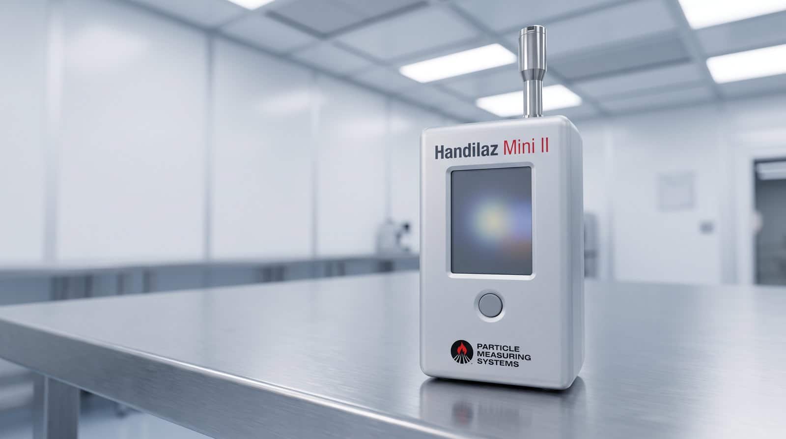 Máy đếm hạt tiểu phân cầm tay PMS Handilaz Mini II đặt đứng trên bàn thép không gỉ trong phòng sạch điện tử
